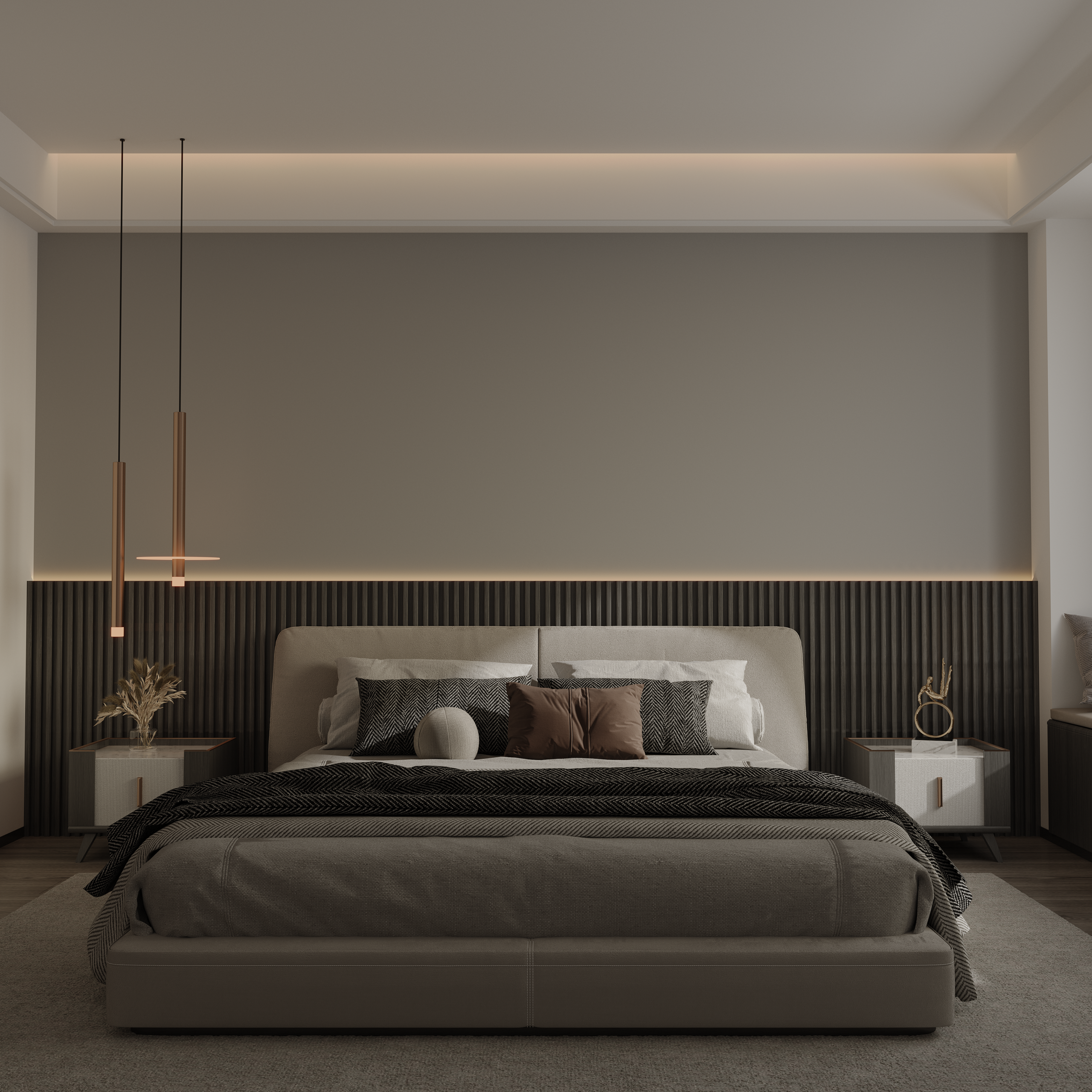 Elegant modern bedroom design in London, featuring beige aesthetics and cozy lighting.